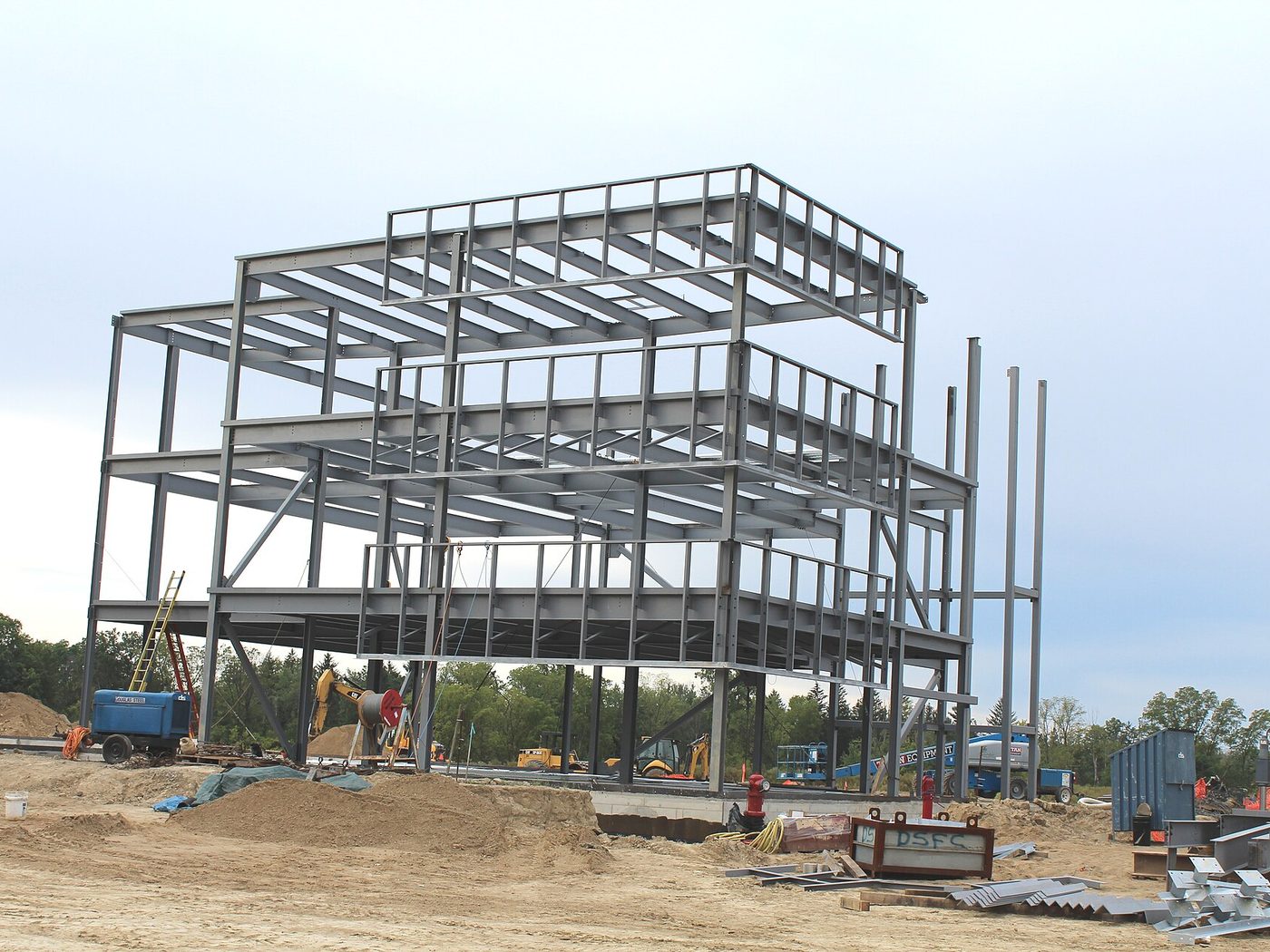 A steel-frame commercial building under construction